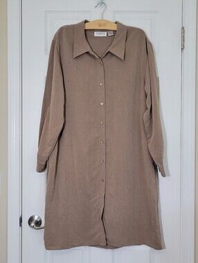 NEW Studio 101 Taupe Long Sleeve Button Down Shirt Dress Plus Size 1x Vintage